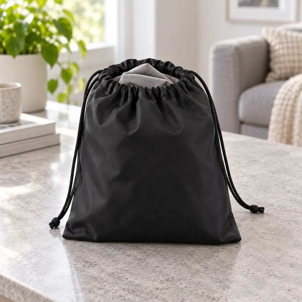 Gray inflatable footrest deflated and packed into its black drawstring carry bag. Room props excluded.