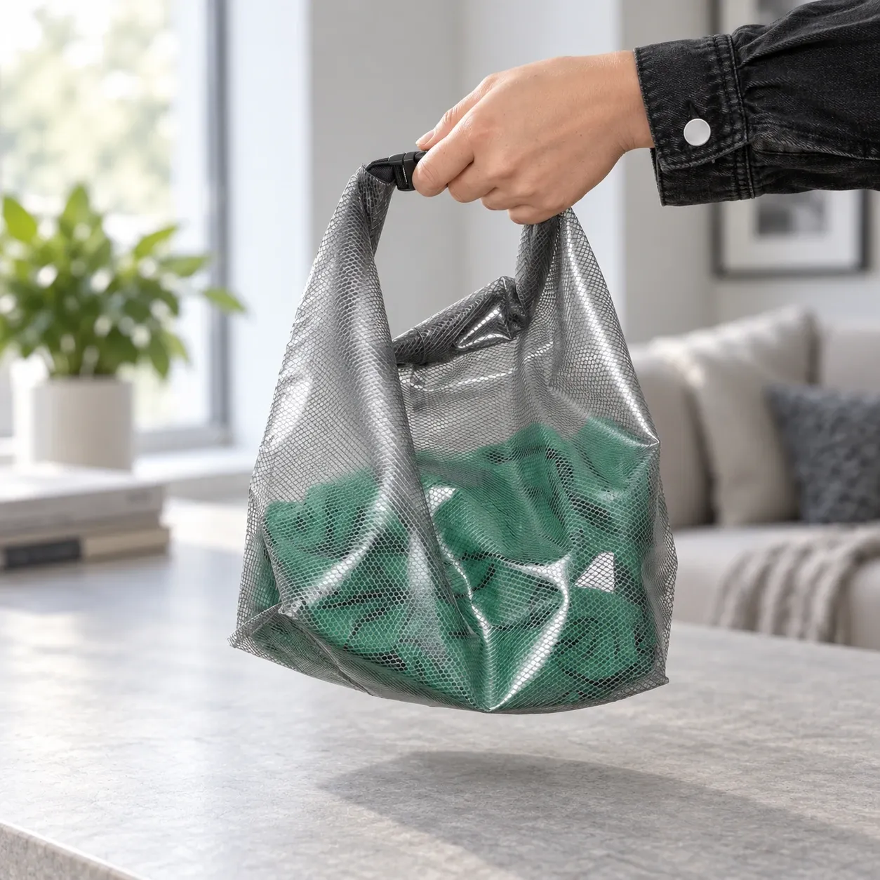 Rolltop Travel Pouch — use view, Transparent Gray. Styling props excluded.