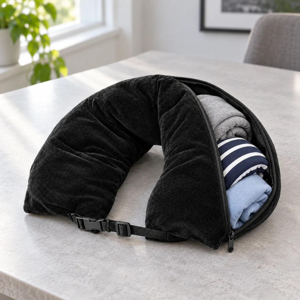 Stuffable Travel Pillow — alternate view, Black. Styling props excluded.