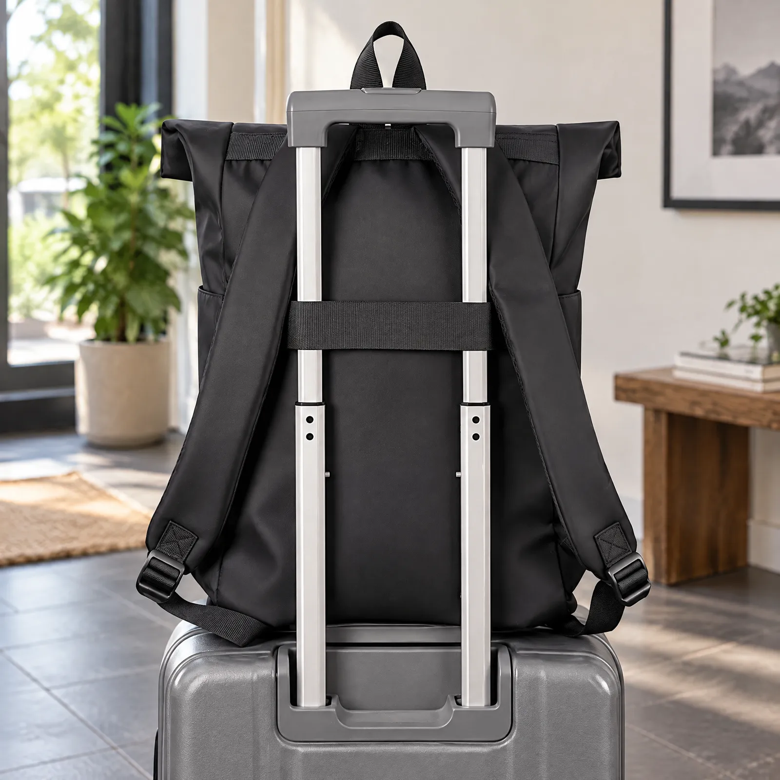 Arlo Rolltop Backpack secured to a suitcase handle; suitcase not included