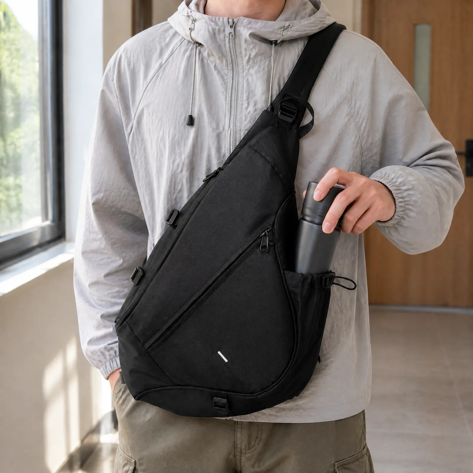Rhys Sling Bag with a bottle in the side sleeve; bottle not included