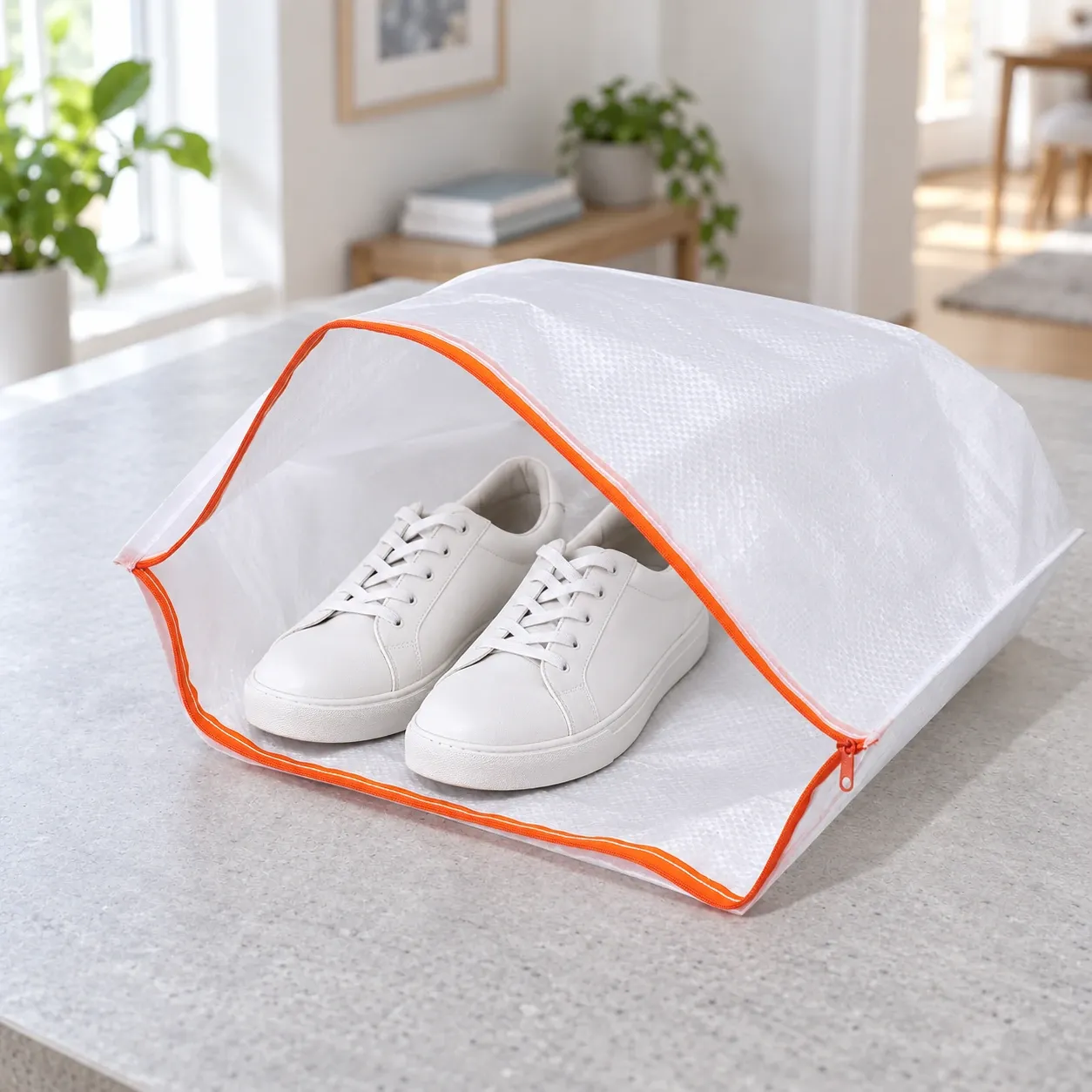 Zipped Shoe Bag — use view, White / Orange. Styling props excluded.