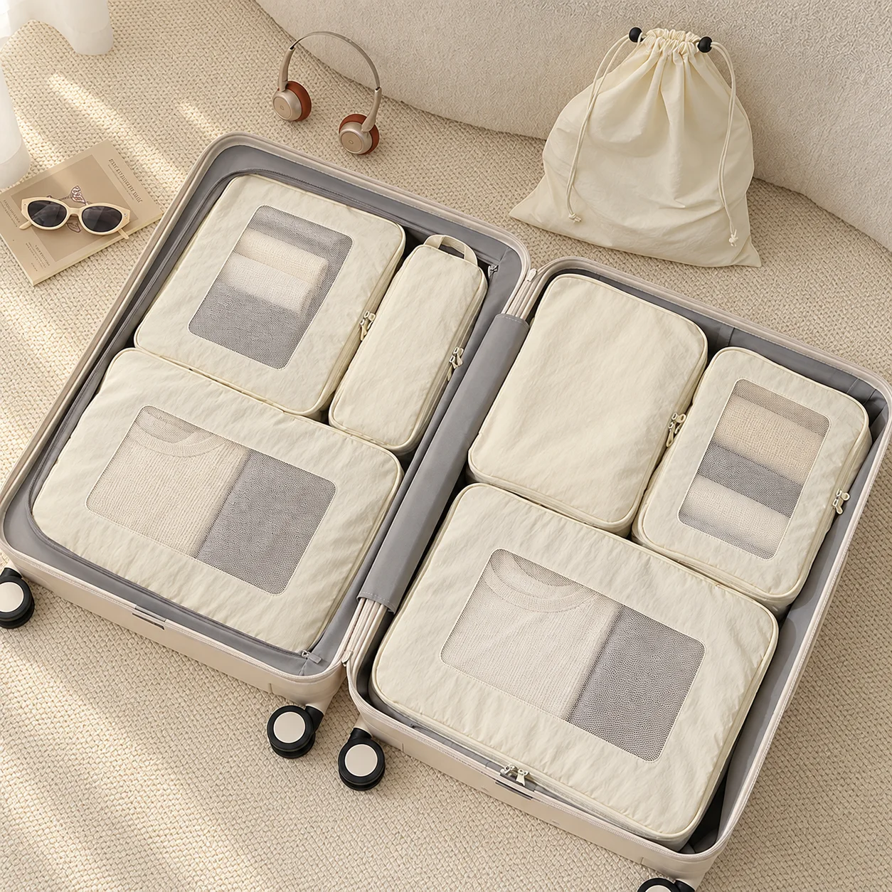 Seven beige packing pieces arranged for a trip