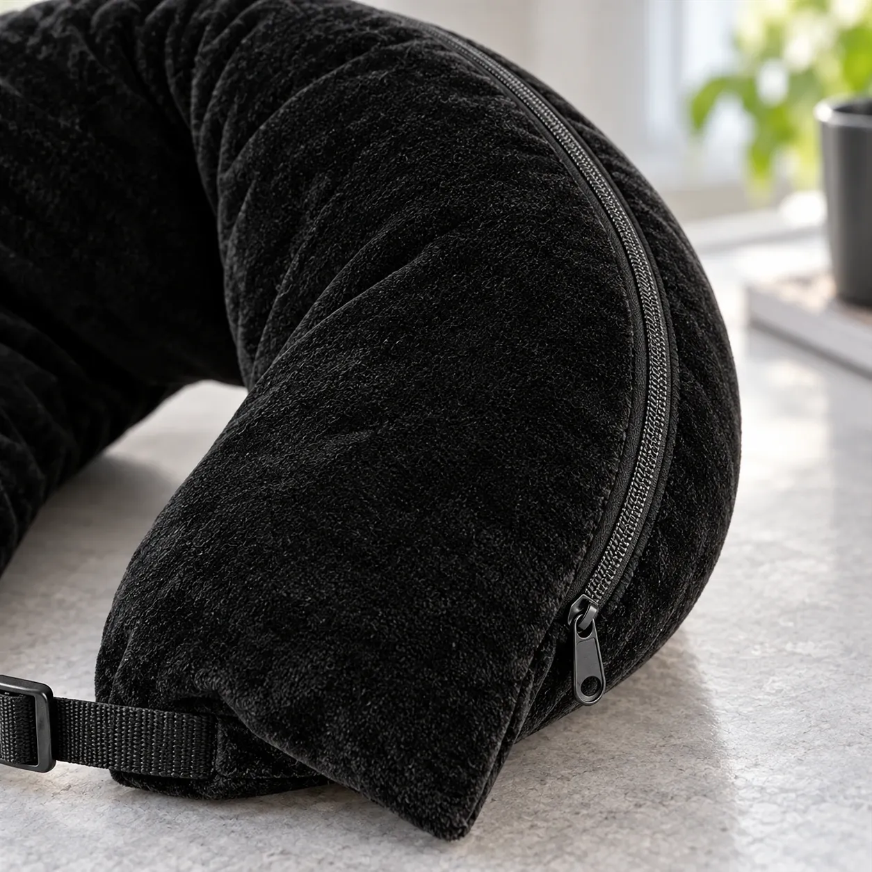 Stuffable Travel Pillow — detail view, Black. Styling props excluded.