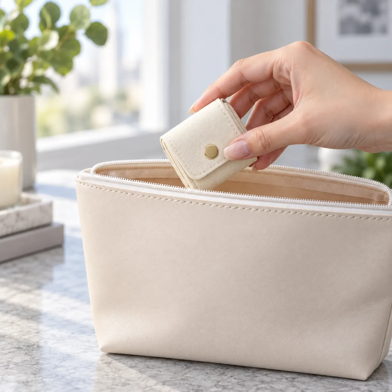 Mini Snap Jewelry Roll — use view, White. Styling props excluded.