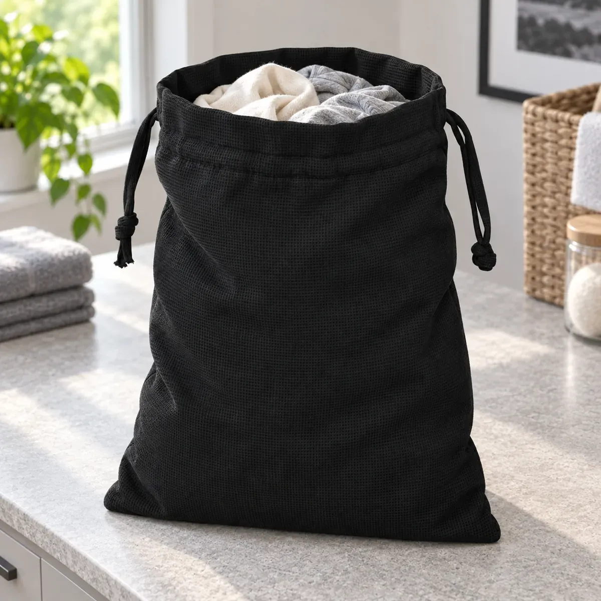 Plain black waffle drawstring laundry bag holding clothes. Clothes and room props are not included.