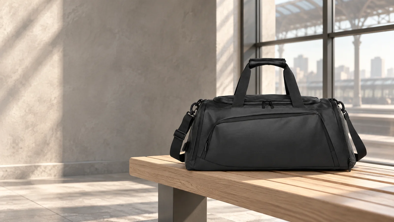 Black travel duffel on an oak bench beside a station window